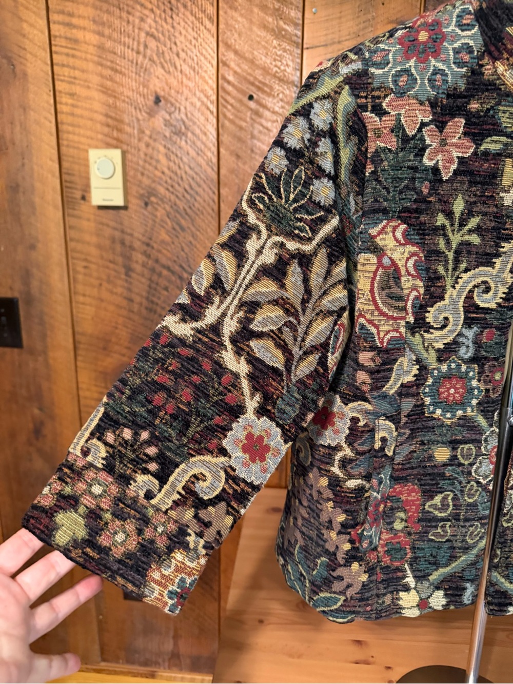 Vintage 90s Orvis Floral Chenille Tapestry Open-Front Jacquard Jacket S Academia - Picture 7 of 16